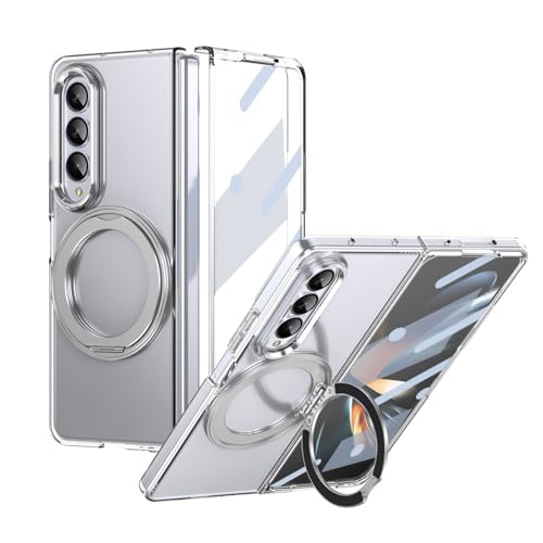 Kompatibel mit Galaxy Z Fold 3 Hülle mit Displayschutzfolie, 360° drehbarer Ringständer, Militärqualität, stoßfest, durchscheinend, kristallklar (Silber) von ZAGLDD