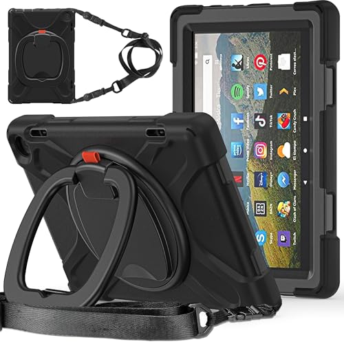 Kompatibel mit Kindle Fire HD 8 und Fire HD 8 Plus Hülle 2024/2022 Release Tablet 12. Generation/10. Generation, stoßfest, stabile Hülle mit 360° drehbarem Ständer, Hand-/Schultergurt (schwarz) von ZAGLDD