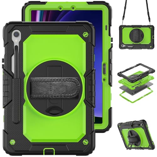 Kompatibel mit Samsung Galaxy Tab S10 FE 27,7 cm (11 Zoll) (SM-X520/X526B/X528U) 2025, robuste, stoßfeste TPU-Schutzhülle, mit Displayschutzfolie, 380° drehbarer Ständer, Schwarz / Grün von ZAGLDD