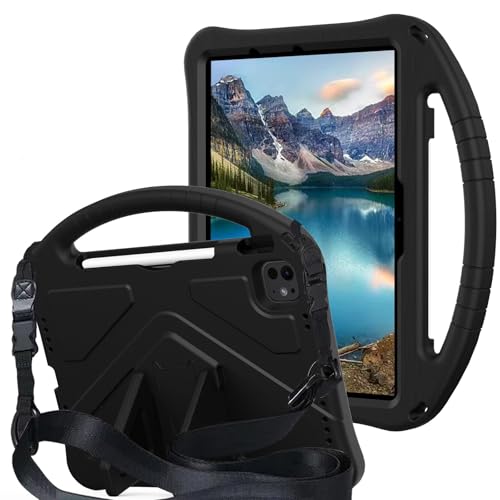 Kompatibel mit iPad Air 11 Zoll M3 (2025) & Air 11 Zoll M2 (2024) Hülle, Kinderhülle, leichte EVA-Tablet-Hülle mit verstellbarem Riemen, stoßfestem Griff und Ständer, tragbare Schutzhülle (schwarz) von ZAGLDD