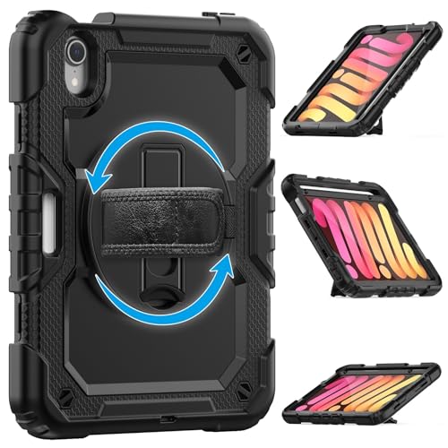 Kompatibel mit iPad Mini 7 Hülle (A17 Pro) 2024/Mini 6 21,6 cm (8,3 Zoll), robuste, stoßfeste TPU-Hülle, Schutzhülle mit Displayschutzfolie, 380° drehbarem Ständer, Handschlaufe und Schultergurt von ZAGLDD