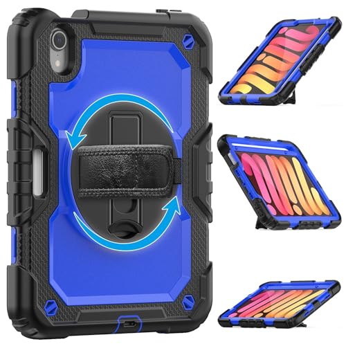 Kompatibel mit iPad Mini 7 Hülle (A17 Pro) 2024/Mini 6 8,3 Zoll (21,6 cm), robuste, stoßfeste TPU-Hülle, Schutzhülle, mit Displayschutzfolie, 380° drehbarem Ständer, Handschlaufe und Schultergurt von ZAGLDD