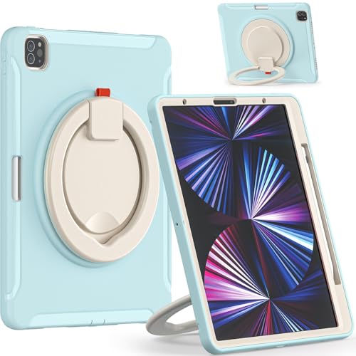 Kompatibel mit iPad Pro 12.9 2021 5. Generation, stoßfeste Hybrid-Schutzhülle mit drehbarem Griff und Ständer, kinderfreundliches Design (Hellblau) von ZAGLDD