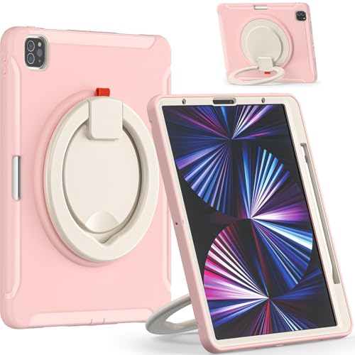Kompatibel mit iPad Pro 12.9 2021 5. Generation, stoßfeste Hybrid-Schutzhülle mit drehbarem Griff und Ständer, kinderfreundliches Design (Rosa) von ZAGLDD