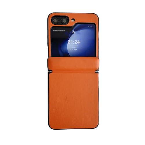 Leder Hülle Kompatibel mit Galaxy Z Flip 5 mit Magnet Scharnierschutz, Ultra Dünn Stoßfest Rugged Schutzhülle Handyhülle, Anti-Fingerabdruck-Narbung (Orange) von ZAGLDD
