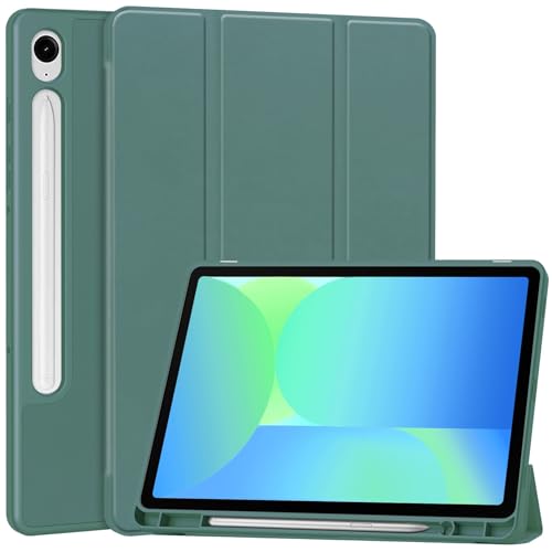 Schlanke Schutzhülle, kompatibel mit Galaxy Tab S10FE / S9FE Tablet-Hülle, TPU, schlanke Hülle, automatische Wake-/Sleep-Funktion, Smart-Shell, mit Stifthalter, stoßfeste Abdeckung, Dunkelgrün von ZAGLDD