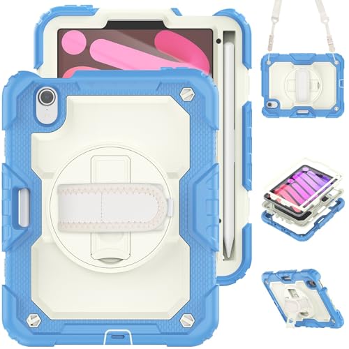 Schutzhülle für iPad Mini 7 (A17 Pro) 2024 / Mini 6, 21,6 cm (8,3 Zoll), strapazierfähig, stoßfest, TPU, mit Displayschutzfolie, 380° drehbarem Ständer, Handschlaufe und Schultergurt, Limettenblau von ZAGLDD