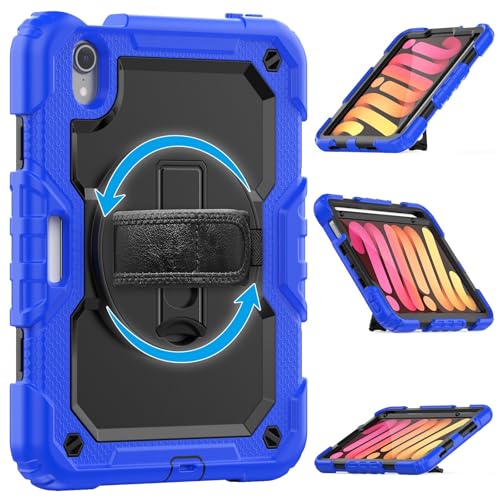 Schutzhülle für iPad Mini 7 (A17 Pro) 2024 / Mini 6, 21,6 cm (8,3 Zoll), strapazierfähig, stoßfest, TPU, mit Displayschutzfolie, 380° drehbarem Ständer, Handschlaufe und Schultergurt, Blau von ZAGLDD