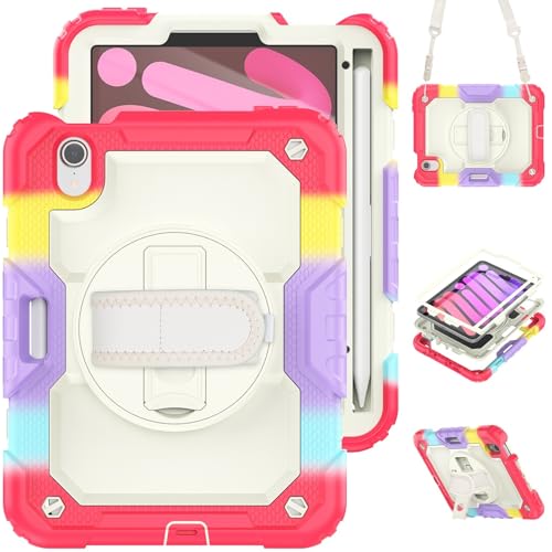 Schutzhülle für iPad Mini 7 (A17 Pro) 2024 / Mini 6, 21,6 cm (8,3 Zoll), strapazierfähig, stoßfest, TPU, mit Displayschutzfolie, 380° drehbarem Ständer, Handschlaufe und Schultergurt, Camouflage-Rot von ZAGLDD