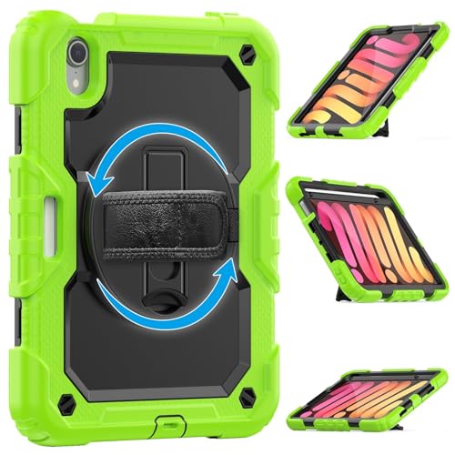 Schutzhülle für iPad Mini 7 (A17 Pro) 2024 / Mini 6, 21,6 cm (8,3 Zoll), strapazierfähig, stoßfest, TPU, mit Displayschutzfolie, 380° drehbarem Ständer, Handschlaufe und Schultergurt, Grün von ZAGLDD