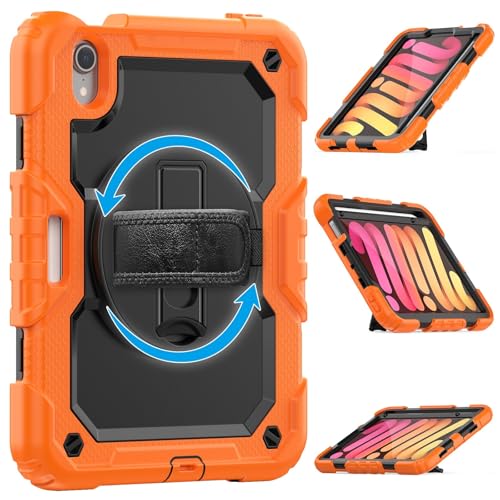 Schutzhülle für iPad Mini 7 (A17 Pro) 2024 / Mini 6, 21,6 cm (8,3 Zoll), strapazierfähig, stoßfest, TPU, mit Displayschutzfolie, 380° drehbarem Ständer, Handschlaufe und Schultergurt, Orange von ZAGLDD
