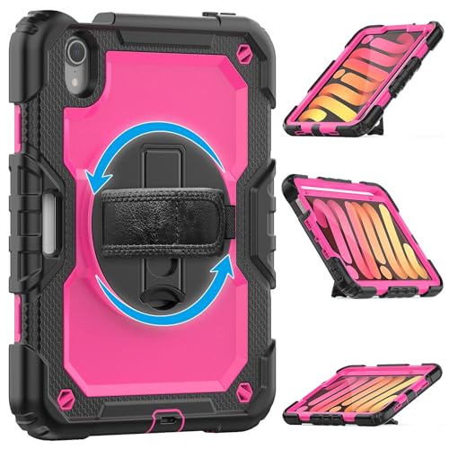 Schutzhülle für iPad Mini 7 (A17 Pro) 2024 / Mini 6, 21,6 cm (8,3 Zoll), strapazierfähig, stoßfest, TPU, mit Displayschutzfolie, 380° drehbarem Ständer, Handschlaufe und Schultergurt, Schwarz / Rosa von ZAGLDD