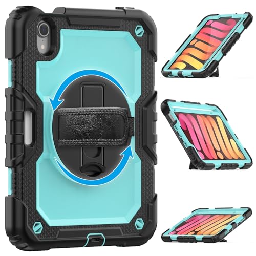 Schutzhülle für iPad Mini 7 (A17 Pro) 2024 / Mini 6, 21,6 cm (8,3 Zoll), strapazierfähig, stoßfest, TPU, mit Displayschutzfolie, 380° drehbarem Ständer, Handschlaufe und Schultergurt, Schwarz von ZAGLDD