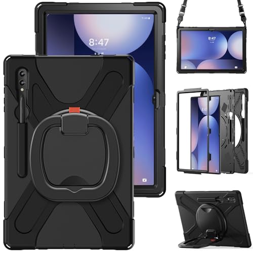 Schutzhülle kompatibel mit Galaxy Tab S10 Ultra 14,6 Zoll 2024 X920, stoßfest, stabile Hülle mit 360° drehbarem Ständer, Hand-/Schultergurt, robust, Schwarz von ZAGLDD