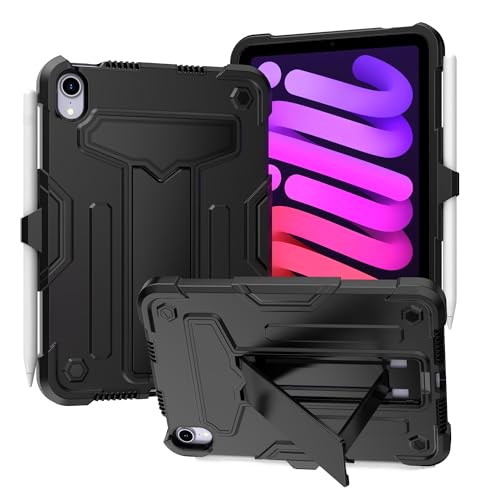 Schutzhülle kompatibel mit iPad Mini 7 (A17 Pro) 2024/Mini 6 2021, mit Ständer, dreilagig, Hybrid-Ganzkörperhülle, robust, stoßfest, Fallschutz, Schwarz und Schwarz von ZAGLDD