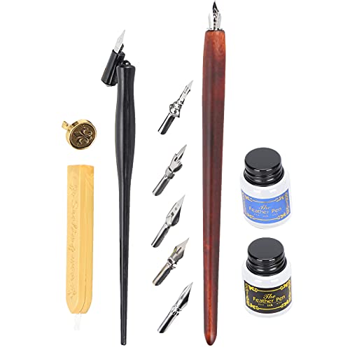 ZAICOLER Brunnenstift, Holz und Edelstahl Kalligraphie Stift Kalligraphie Set mit Aufbewahrungsbox für Anfänger (Brauner Holzstangebraun (Feuereffekt) + Einzelpol) von ZAICOLER