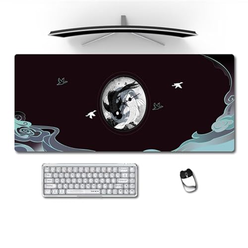 Gaming Mauspad XXL 700x300x3mm Schwarz Weißer Koi Mousepad Große Vernähte Kanten Rutschfest Schreibtischunterlage Verbessert Präzision und Geschwindigkei für PC Laptop von ZANHOG
