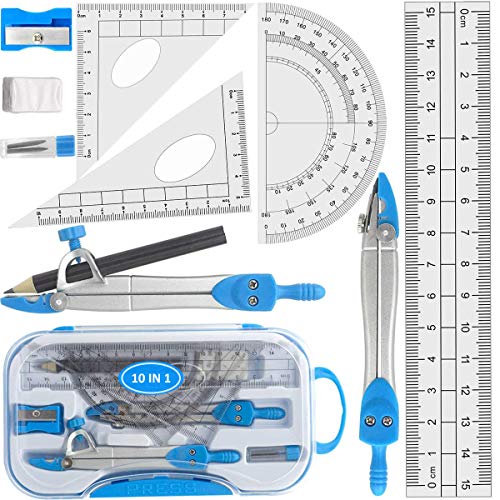 Geometrie Set, 10 Stück Mathematik Set – Zeichenkompass & Winkelmesser, Set mit Bleistift/Spitzer/Radiergummi/Linealen für Schule, Metall Kompass Set Prüfung Federmäppchen Schreibwaren Set (Blau) von ZAWTR