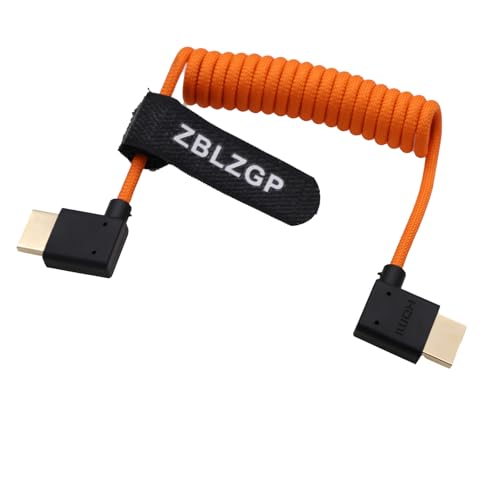 ZBLZGP 8K HDMI-Kabel, Typ A, HDMI 2.1, geflochten, gewickelt, rechts links abgewinkelt, für Sony Canon R5 Nikon Blackmagic Pocket Cinema Kameras (links und rechts gebogen, HDMI, Orange geflochten) von ZBLZGP