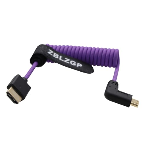 ZBLZGP 8K HDMI Kabel Typ A HDMI 2.1 Geflochten Gewickelt Rechts Links Winkel für Sony Canon R5 Nikon Blackmagic Pocket Cinema Kameras (Rechter Bogen Mini HDMI-HDMI, Lila geflochten) von ZBLZGP