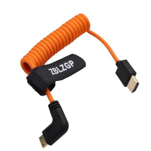 ZBLZGP 8K HDMI Kabel Typ A HDMI 2.1 Geflochten Gewickelt Rechts Links Winkel für Sony Canon R5 Nikon Blackmagic Pocket Cinema Kameras (Rechts Bend Mini HDMI-HDMI, Orange Geflochten) von ZBLZGP