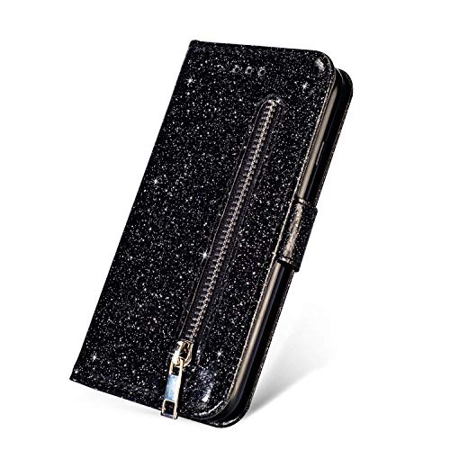 ZCDAYE Brieftasche Hülle für Samsung Galaxy S10 Plus,Glitter Funkeln Reißverschluss PU Leder Magnetische Flip Stand Handyhülle mit Kartenfach und Trageschlaufe Schutzhülle - Schwarz von ZCDAYE