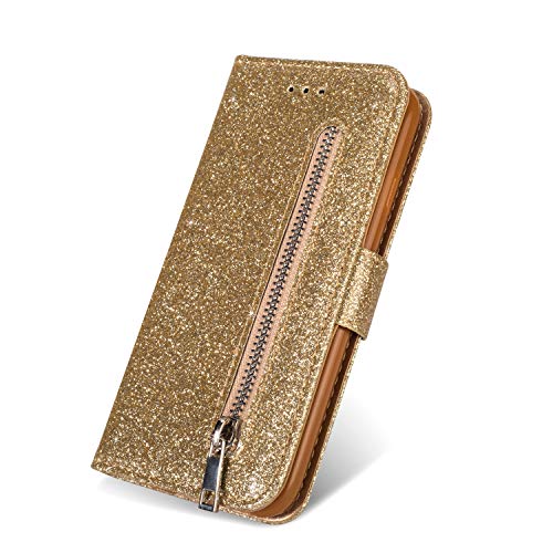 ZCDAYE Brieftasche Hülle für Samsung Galaxy S6 Edge,Glitter Funkeln Reißverschluss PU Leder Magnetische Flip Stand Handyhülle mit Kartenfach und Trageschlaufe Schutzhülle,Gold von ZCDAYE