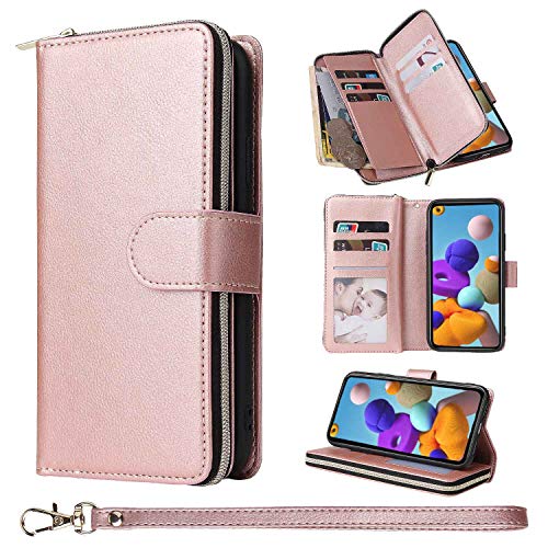 ZCDAYE Brieftasche für Samsung Galaxy A21S Hülle,Handytasche PU Leder [9 Kartenfächer][Ständerfunktion][Magnetverschluss][Reißverschluss] Flip Case Schutzhülle Samsung A21S-Roségold von ZCDAYE