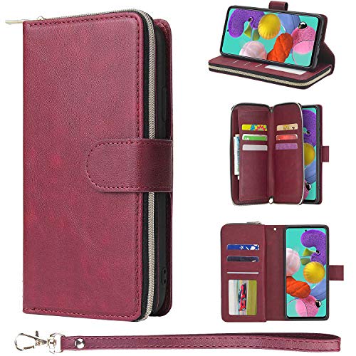 ZCDAYE Brieftasche für Samsung Galaxy A51 Hülle,Handytasche PU Leder [9 Kartenfächer][Ständerfunktion][Magnetverschluss][Reißverschluss] Flip Case Schutzhülle Samsung A51-Rot von ZCDAYE