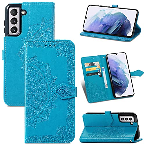 ZCDAYE Brieftasche für Samsung Galaxy S21 5G Hülle, Premium PU Leder geprägt Mandala Florals [Magnetverschluss] [Kartenfächer] [Ständer] Handytasche Handyhülle für Samsung S21-Blau von ZCDAYE