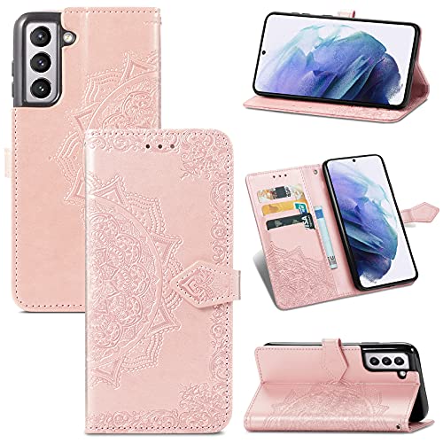 ZCDAYE Brieftasche für Samsung Galaxy S21 5G Hülle, Premium PU Leder geprägt Mandala Florals [Magnetverschluss] [Kartenfächer] [Ständer] Handytasche Handyhülle für Samsung S21-Roségold von ZCDAYE
