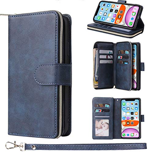 ZCDAYE Brieftasche für iPhone 11 Pro Hülle,Handytasche PU Leder [9 Kartenfächer][Ständerfunktion][Magnetverschluss][Reißverschluss] Flip Case Schutzhülle iPhone 11 Pro-Dunkel Blau von ZCDAYE