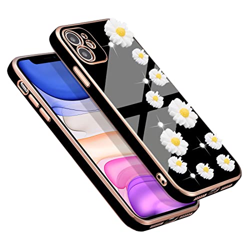 ZCDAYE Hülle für iPhone 11, Gänseblümchen Glitzer Diamant Handyhülle mit Goldenen Galvanisierten Kanten, Weiches Dünnes TPU Niedliche Stoßfeste Schutzhülle für iPhone 11 6.1" - Schwarz von ZCDAYE