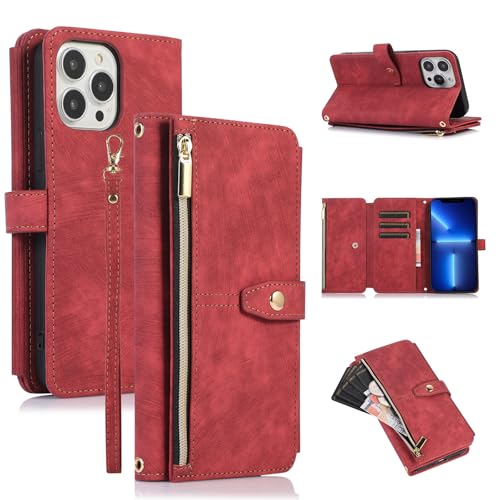 ZCDAYE Hülle für iPhone 13 Pro Max mit Kartenhalter Geldbörse, Leder iPhone 13 Pro Max Handyhülle Handytasche Schutzhülle für iPhone 13 Pro Max (6.7 inches), Rot von ZCDAYE