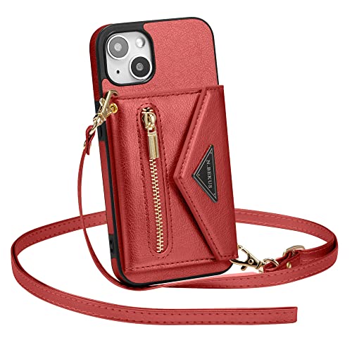 ZCDAYE Hülle für iPhone 13 mit Band, Leder iPhone 13 Handyhülle Handytasche Kleine Geldbörse Handykette Umhängetasche Case für iPhone 13 (6.1 inches), Rot von ZCDAYE