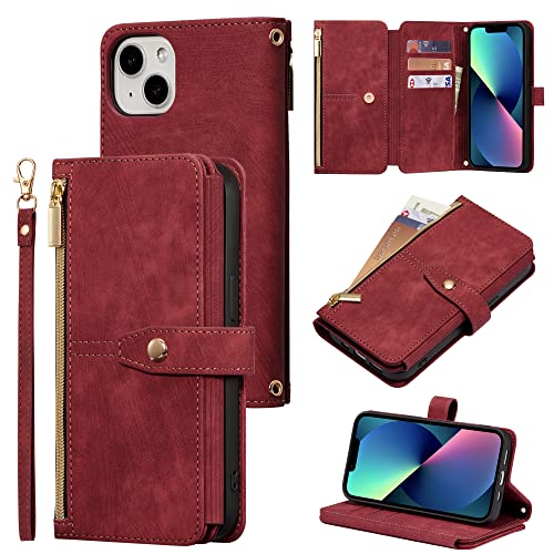 ZCDAYE Hülle für iPhone 14 mit Kartenhalter Geldbörse, Leder iPhone 14 Handyhülle Handytasche Schutzhülle für iPhone 14 (6.1 inches), Rot von ZCDAYE