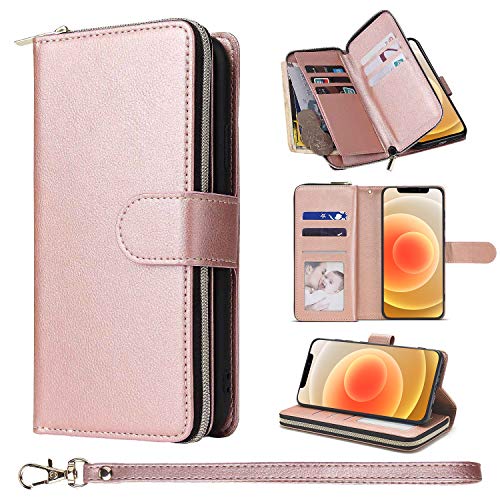 ZCDAYE Kompatibel mit iPhone 12/iPhone 12 Pro,Reißverschlusstasche Ständerfunktion Folio PU Leder [Magnetverschluss] Große Kapazität Flip Hülle mit 9 Kartenfächern iPhone 12/12 Pro-Rosegold von ZCDAYE