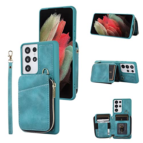 ZCDAYE Samsung Galaxy S22 Ultra Hülle mit Reißverschluss Geldbörse, Leder Handyhülle mit Handschlaufe, Praktische Handytasche Case für Samsung S22 Ultra, Cyan von ZCDAYE