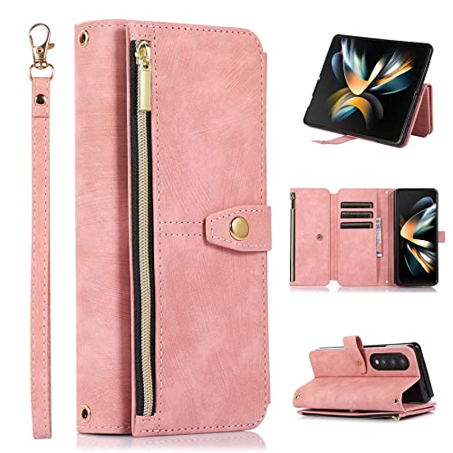 ZCDAYE Schutzhülle für Samsung Galaxy Z Fold 4, Samsung Z Fold 4 (2022) Brieftaschen-Handyhülle, Premium-Reißverschluss (mit Armband), Flip Lederhülle für Samsung Z Fold 4 (2022) – Roségold von ZCDAYE