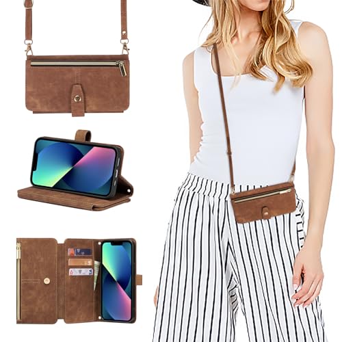 ZCDAYE Schutzhülle für iPhone 15, iPhone 15, Brieftaschen-Schutzhülle mit Umhängeband, Premium-Reißverschluss, Leder-Klapphülle für iPhone 15, 15,5 cm (6,1 Zoll), Braun von ZCDAYE