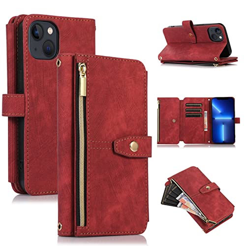 ZCDAYE Wallet Case for iPhone 13, iPhone 13 (6.1 inch), Wallet Phone Case, Premium Zipper (with Wristlet) Flip Leather Phone Case for iPhone 13 (6.1 inch) - Red von ZCDAYE