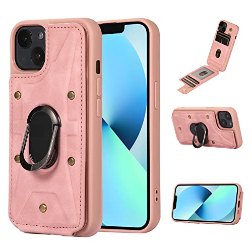 ZCDAYE iPhone 14 Hülle mit Klappbarem Kartenhalter, Leder iPhone 14 Handyhülle mit 360° drehbarem Fingerring, Praktische Handytasche für iPhone 14 Case, Rosa von ZCDAYE