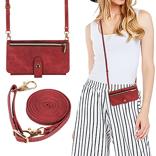 ZCDAYE iPhone 15 Hülle mit Band, Leder iPhone 15 Handytasche Handyhülle Praktische Handykette Kartenfächer Brieftasche Umhängetasche iPhone 15 (6.1 inches) Case, Rot von ZCDAYE