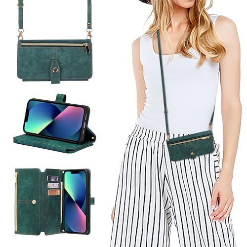 ZCDAYE iPhone 15 Plus Hülle mit Band, Leder iPhone 15 Plus Handytasche Handyhülle Praktische Handykette Kartenfächer Brieftasche Umhängetasche iPhone 15 Plus (6.8 inches) Case, Grün von ZCDAYE