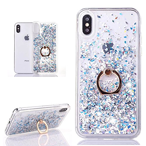 ZCRO Flüssig Hülle für iPhone X, Handyhülle Case Schutz Hülle Glitzer Flüssig Cover Transparent Silikon Rahmen Durchsichtig Tasche Hüllen mit Handy Ring Halterung Ständer für iPhone X (Weiß Silber) von ZCRO