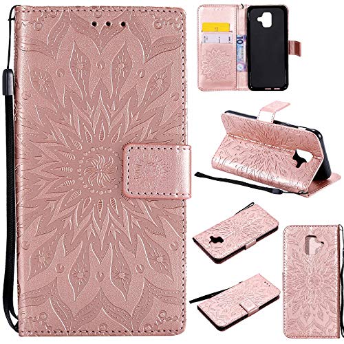 ZCRO Handyhülle für Samsung Galaxy A6 2018 / A600 Hülle, Schutzhülle Leder Tasche Blumen Muster Kartenfach Magnet Etui Cover Flip Case Dünn Handytasche für Samsung Galaxy A6 2018 / A600 (Rose Gold) von ZCRO