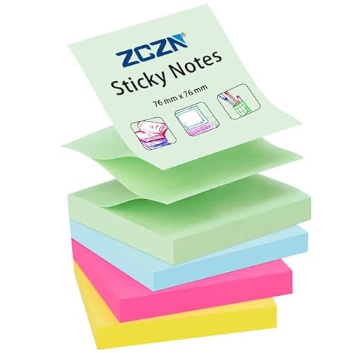 ZCZN Z-Notes Haftnotizen Sticky Selbstklebende Haftnotizzettel Klebezettel 4 Blöcke x 100 Blatt, 76 x 76 mm in 4 Farben (Hellgrün, Hellblau, Magenta, Gelb) von ZCZN