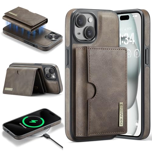 Handyhülle Brieftaschenhülle kompatibel mit iPhone 15 Plus Hülle Brieftasche Compatible with Männer Frauen, kabelloses Aufladen, abnehmbare magnetische Brieftaschen-Telefonhülle mit Kartensteckplatzha von ZDJKAFREH