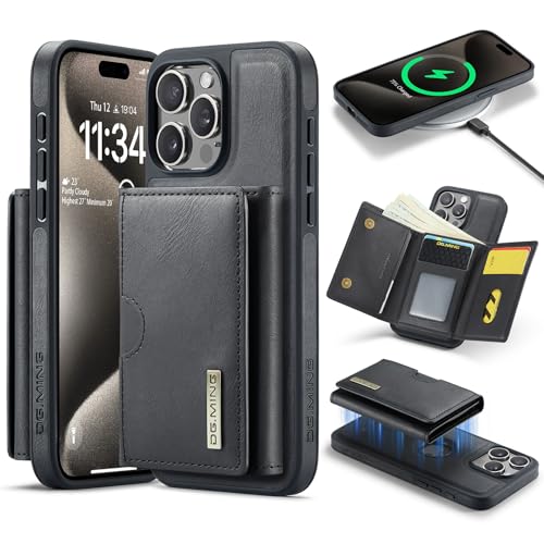 Handyhülle Brieftaschenhülle kompatibel mit iPhone 15 Pro Hülle Brieftasche Compatible with Männer Frauen, kabelloses Aufladen, abnehmbare magnetische Brieftaschen-Telefonhülle mit Kartensteckplatzhal von ZDJKAFREH