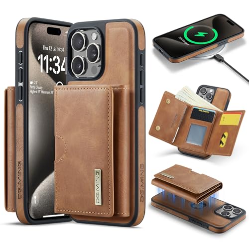 Handyhülle Brieftaschenhülle kompatibel mit iPhone 15 Pro Max Hülle Brieftasche Compatible with Männer Frauen, kabelloses Aufladen, abnehmbare magnetische Brieftaschen-Telefonhülle mit Kartensteckplat von ZDJKAFREH